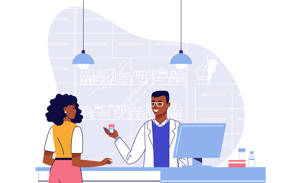 an illustration of a woman receiving a prescription bottle from a pharmacy technician