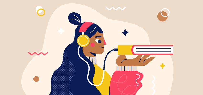 An illustration of a young woman with headphones plugged into a book
